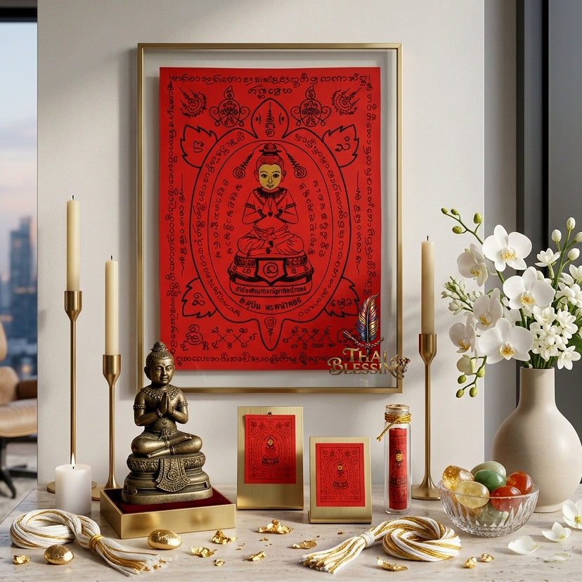 ✨👶 Thai Sacred Golden Aura Divine Guardian Yantra Cloth - Arjan Subin Na Na Thong 2019, Ultimate Wealth Prosperity Magnet, Irresistible Charisma Spiritual Scroll Wall Art