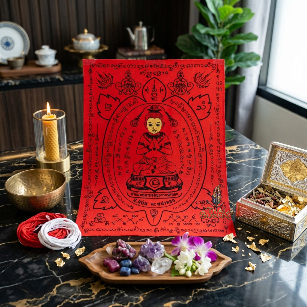 ✨👶 Thai Sacred Golden Aura Divine Guardian Yantra Cloth - Arjan Subin Na Na Thong 2019, Ultimate Wealth Prosperity Magnet, Irresistible Charisma Spiritual Scroll Wall Art