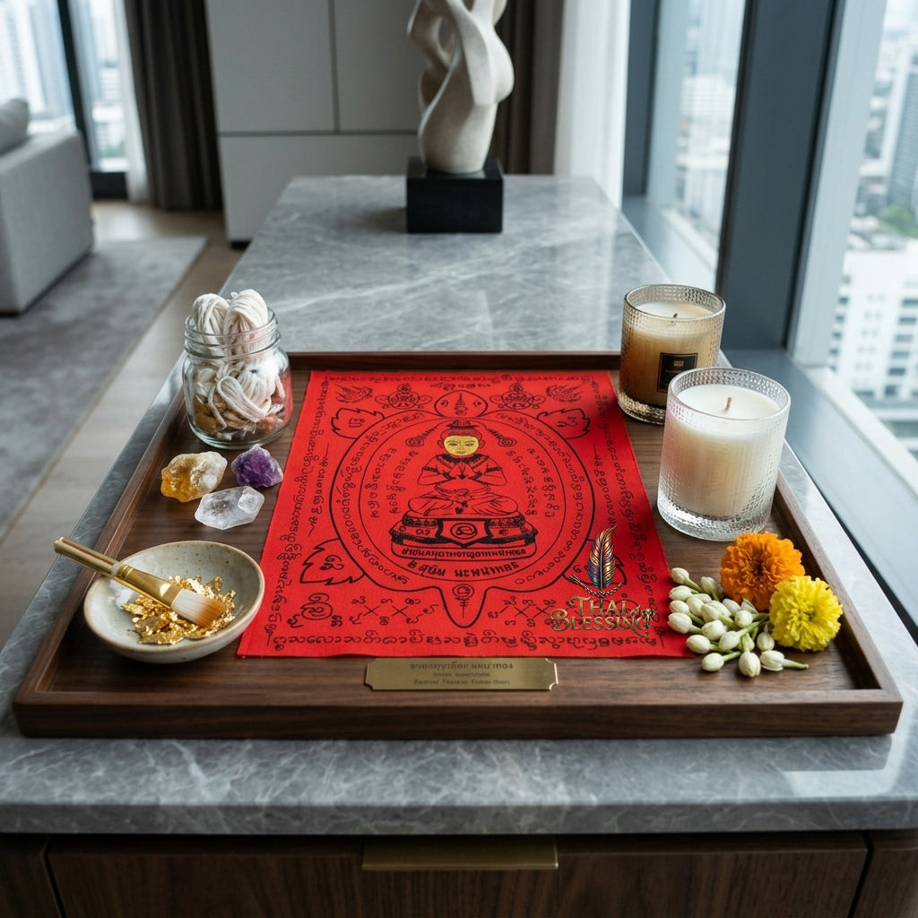✨👶 Thai Sacred Golden Aura Divine Guardian Yantra Cloth - Arjan Subin Na Na Thong 2019, Ultimate Wealth Prosperity Magnet, Irresistible Charisma Spiritual Scroll Wall Art