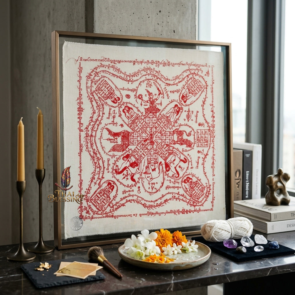 ✨SiamCharm™ 2012 Ma Sep Nang Thai Amulet Tapestry (Unframed Fabric Only) Metta Mahaniyom Seductive Charisma Booster, Passion Attraction & Business Abundance Protection Cloth Talisman 14x14" Consecrated by Phra-achan Suppha Sit Wat Bang Namchon