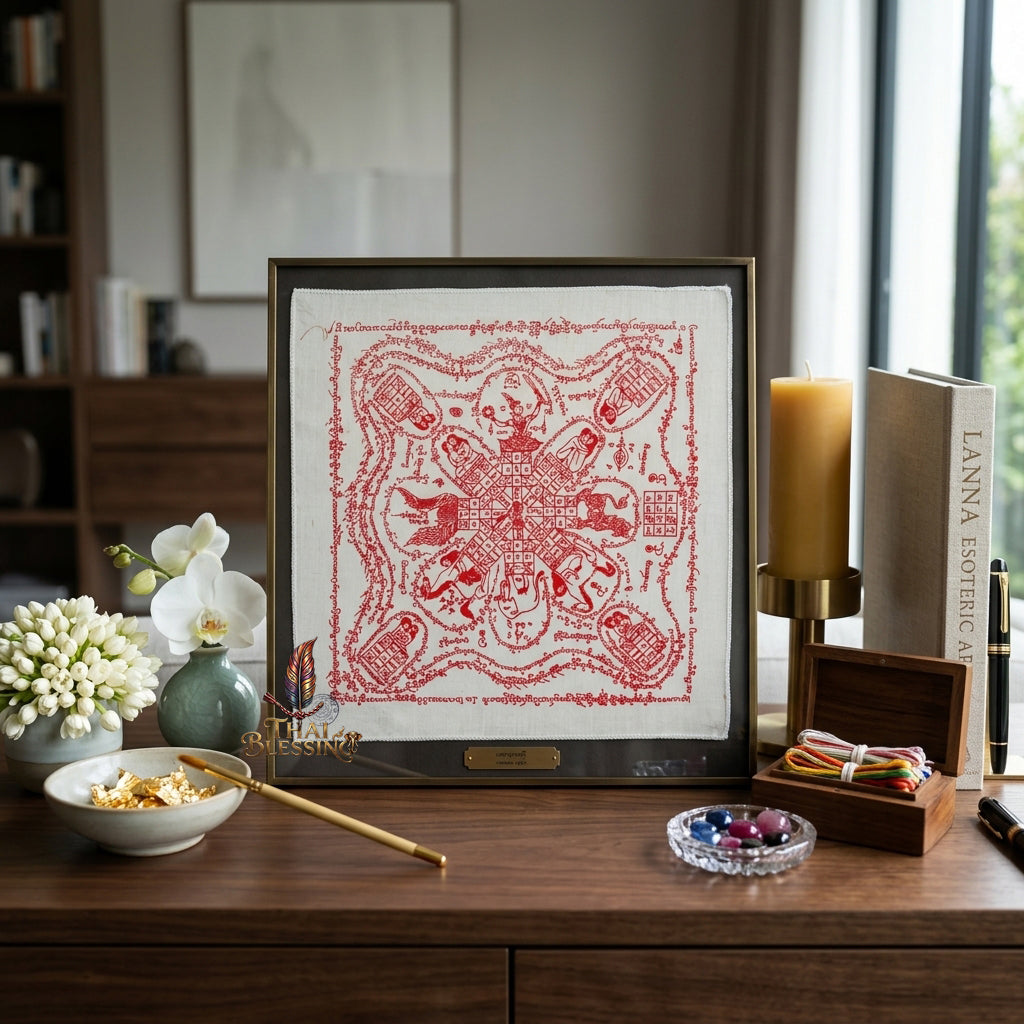 ✨SiamCharm™ 2012 Ma Sep Nang Thai Amulet Tapestry (Unframed Fabric Only) Metta Mahaniyom Seductive Charisma Booster, Passion Attraction & Business Abundance Protection Cloth Talisman 14x14" Consecrated by Phra-achan Suppha Sit Wat Bang Namchon