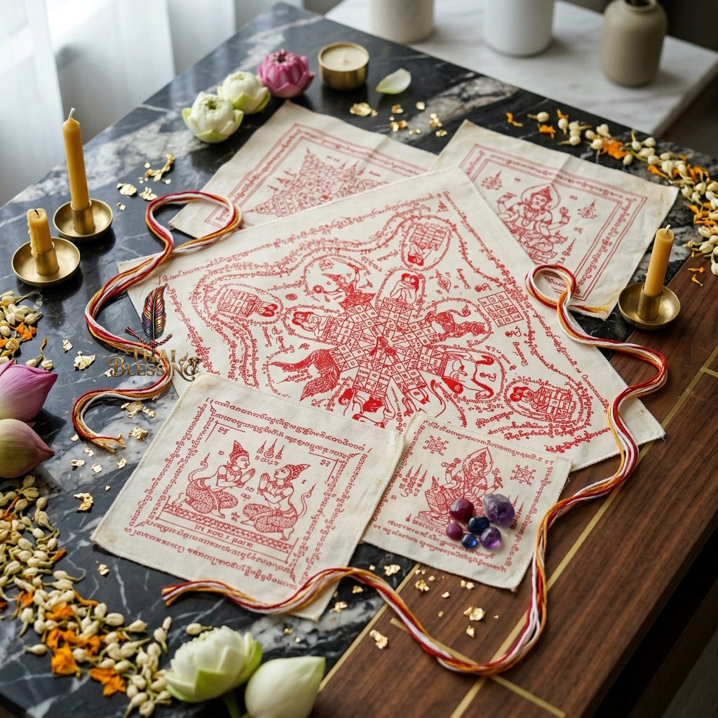 ✨SiamCharm™ 2012 Ma Sep Nang Thai Amulet Tapestry (Unframed Fabric Only) Metta Mahaniyom Seductive Charisma Booster, Passion Attraction & Business Abundance Protection Cloth Talisman 14x14" Consecrated by Phra-achan Suppha Sit Wat Bang Namchon
