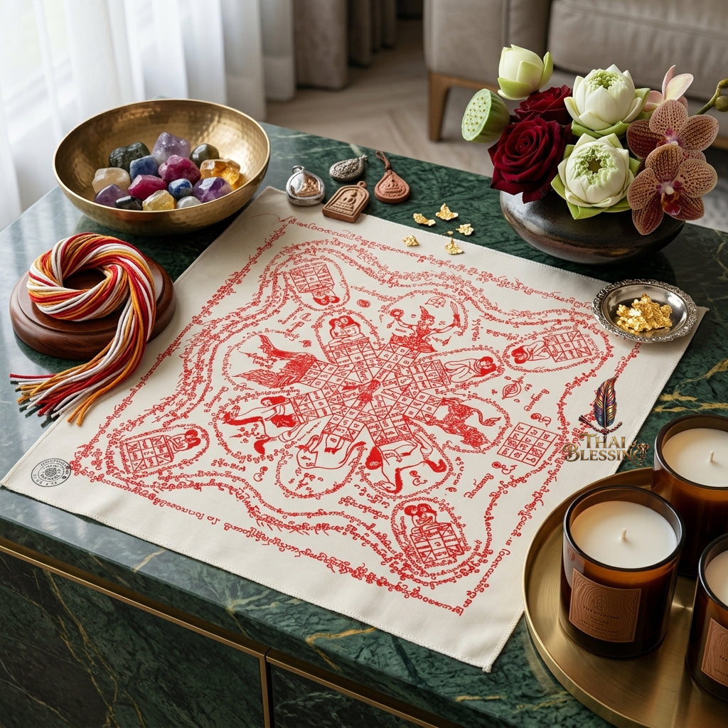 ✨SiamCharm™ 2012 Ma Sep Nang Thai Amulet Tapestry (Unframed Fabric Only) Metta Mahaniyom Seductive Charisma Booster, Passion Attraction & Business Abundance Protection Cloth Talisman 14x14" Consecrated by Phra-achan Suppha Sit Wat Bang Namchon