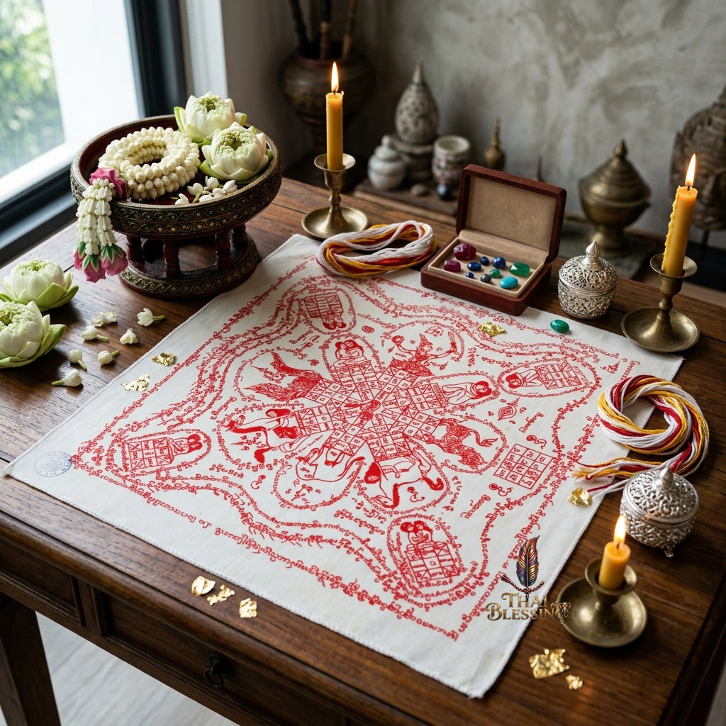 ✨SiamCharm™ 2012 Ma Sep Nang Thai Amulet Tapestry (Unframed Fabric Only) Metta Mahaniyom Seductive Charisma Booster, Passion Attraction & Business Abundance Protection Cloth Talisman 14x14" Consecrated by Phra-achan Suppha Sit Wat Bang Namchon