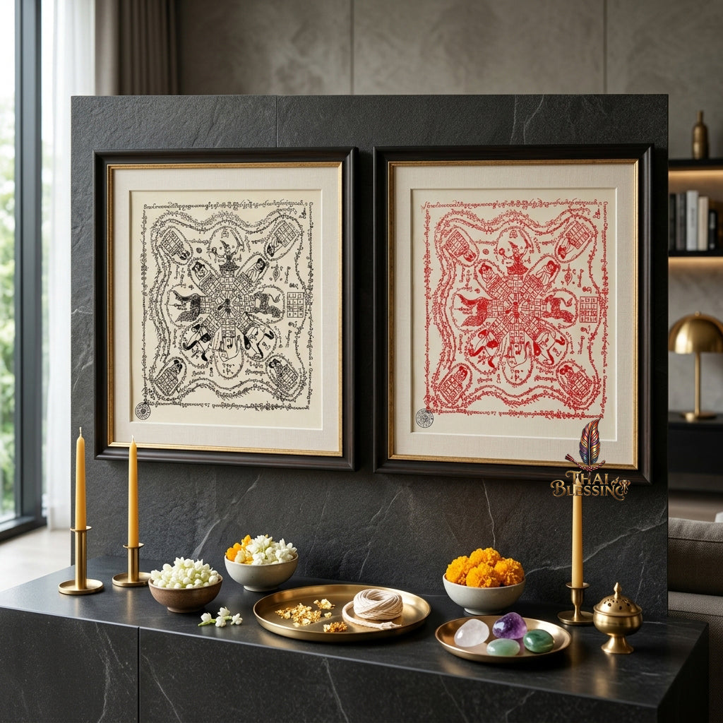 ✨SiamCharm™ 2012 Ma Sep Nang Thai Amulet Tapestry (Unframed Fabric Only) Metta Mahaniyom Seductive Charisma Booster, Passion Attraction & Business Abundance Protection Cloth Talisman 14x14" Consecrated by Phra-achan Suppha Sit Wat Bang Namchon