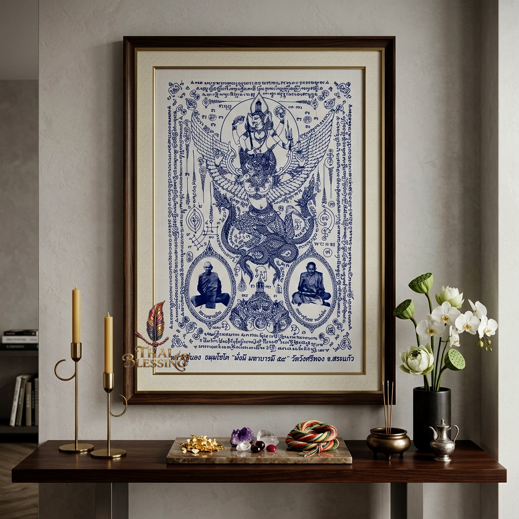 ✨🦅 Sacred Narayana on Garuda Yantra Cloth - Luang Pu Nong Wat Wang Sri Thong 2012 Grand Vintage Scroll, Ultimate Sovereign Command Matrix, Premium Corporate Wealth Spiritual Wall Art