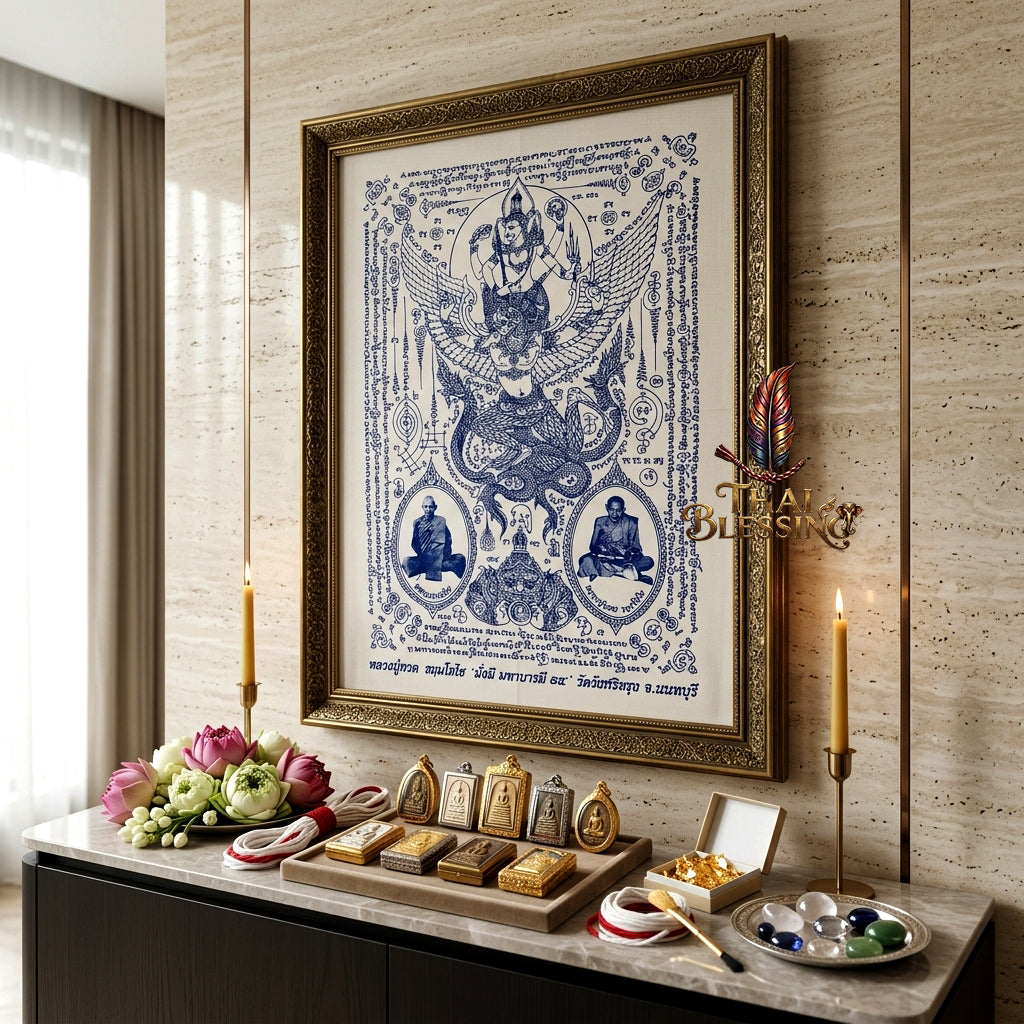 ✨🦅 Sacred Narayana on Garuda Yantra Cloth - Luang Pu Nong Wat Wang Sri Thong 2012 Grand Vintage Scroll, Ultimate Sovereign Command Matrix, Premium Corporate Wealth Spiritual Wall Art