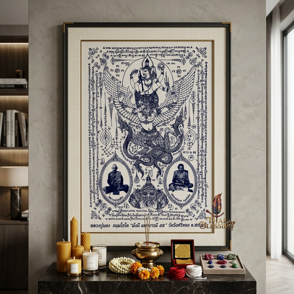 ✨🦅 Sacred Narayana on Garuda Yantra Cloth - Luang Pu Nong Wat Wang Sri Thong 2012 Grand Vintage Scroll, Ultimate Sovereign Command Matrix, Premium Corporate Wealth Spiritual Wall Art