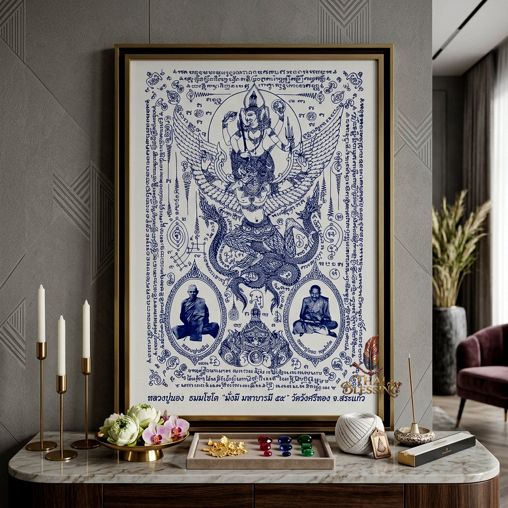 ✨🦅 Sacred Narayana on Garuda Yantra Cloth - Luang Pu Nong Wat Wang Sri Thong 2012 Grand Vintage Scroll, Ultimate Sovereign Command Matrix, Premium Corporate Wealth Spiritual Wall Art