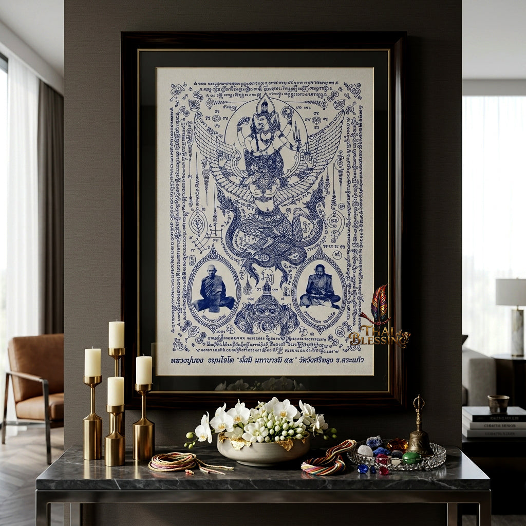 ✨🦅 Sacred Narayana on Garuda Yantra Cloth - Luang Pu Nong Wat Wang Sri Thong 2012 Grand Vintage Scroll, Ultimate Sovereign Command Matrix, Premium Corporate Wealth Spiritual Wall Art