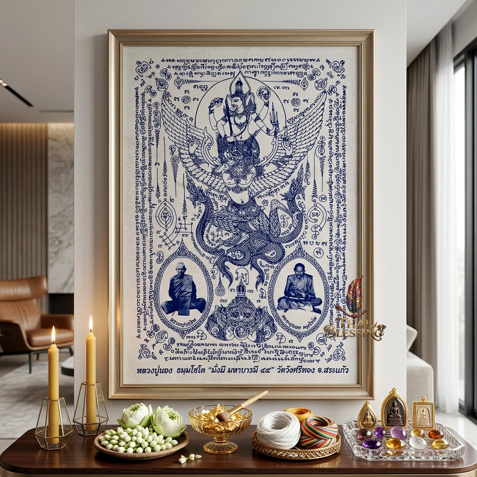 ✨🦅 Sacred Narayana on Garuda Yantra Cloth - Luang Pu Nong Wat Wang Sri Thong 2012 Grand Vintage Scroll, Ultimate Sovereign Command Matrix, Premium Corporate Wealth Spiritual Wall Art