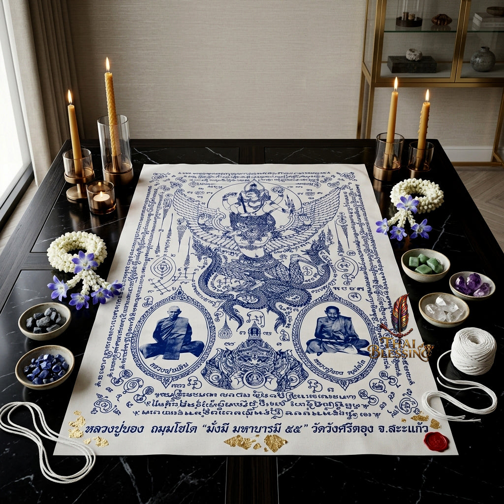 ✨🦅 Sacred Narayana on Garuda Yantra Cloth - Luang Pu Nong Wat Wang Sri Thong 2012 Grand Vintage Scroll, Ultimate Sovereign Command Matrix, Premium Corporate Wealth Spiritual Wall Art