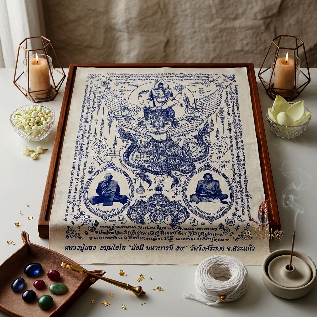 ✨🦅 Sacred Narayana on Garuda Yantra Cloth - Luang Pu Nong Wat Wang Sri Thong 2012 Grand Vintage Scroll, Ultimate Sovereign Command Matrix, Premium Corporate Wealth Spiritual Wall Art
