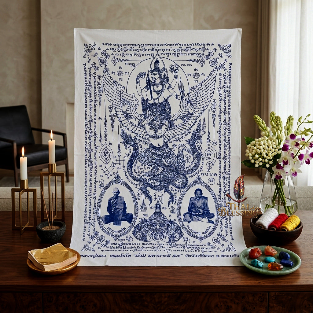 ✨🦅 Sacred Narayana on Garuda Yantra Cloth - Luang Pu Nong Wat Wang Sri Thong 2012 Grand Vintage Scroll, Ultimate Sovereign Command Matrix, Premium Corporate Wealth Spiritual Wall Art