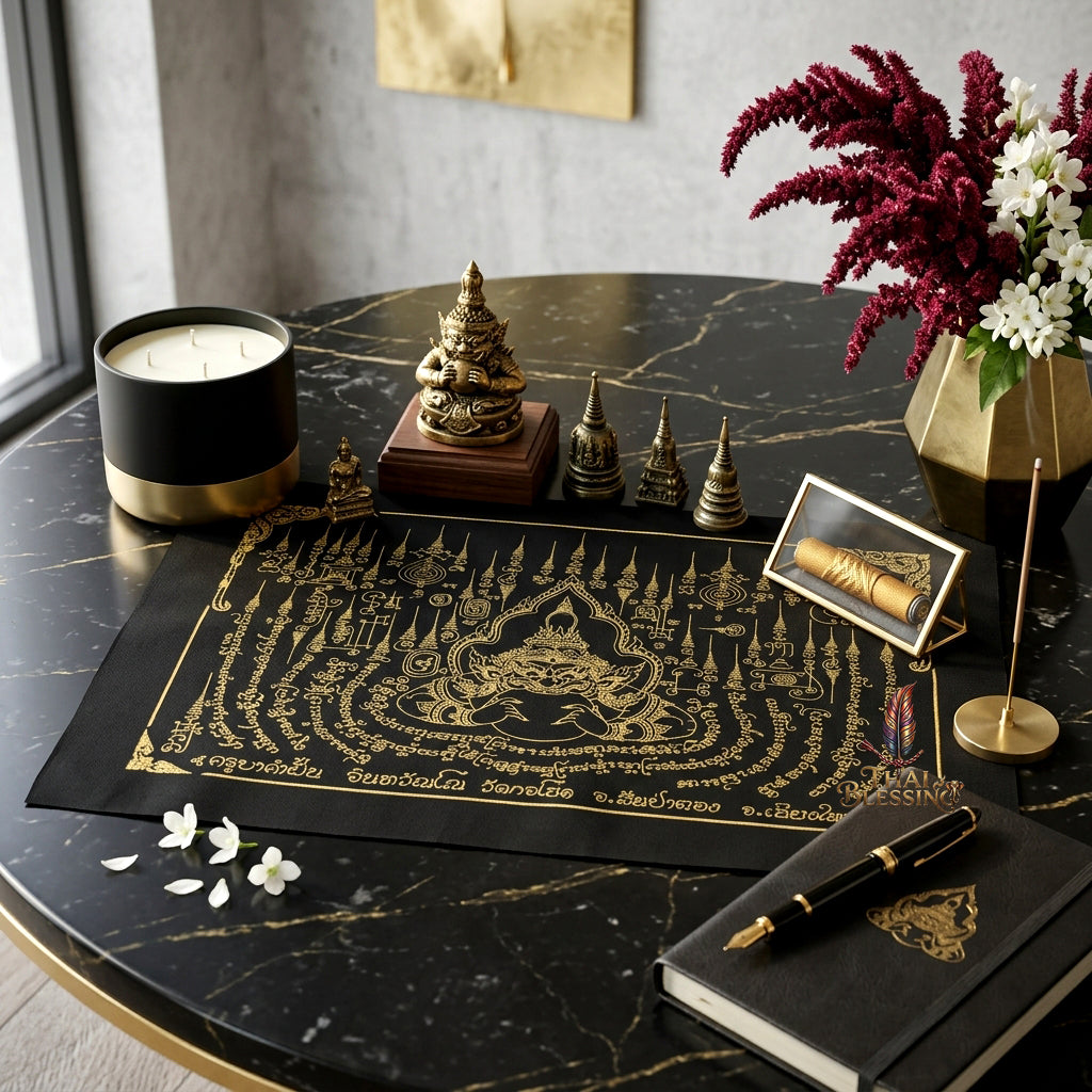 ✨🌑👑 Sacred Celestial Eclipse Sovereign Ynt Cloth - Kruba Kamfan Wat Ko Choke 2019 Ultra-Wealth Blueprint (45x32 cm), Ultimate Destiny Realignment Matrix & Corporate Deflection Shield