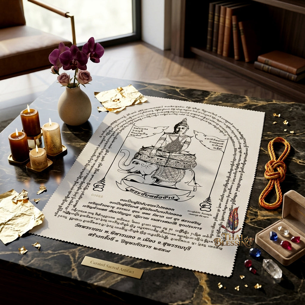 ✨🐘 Sacred Phra Chai Lang Chang Triumphant Monarch Yantra Cloth - Wat Phra Non Historic Heritage Scroll, Sovereign Fortune Catalyst, Elite Corporate Command & Protection Spiritual Wall Art