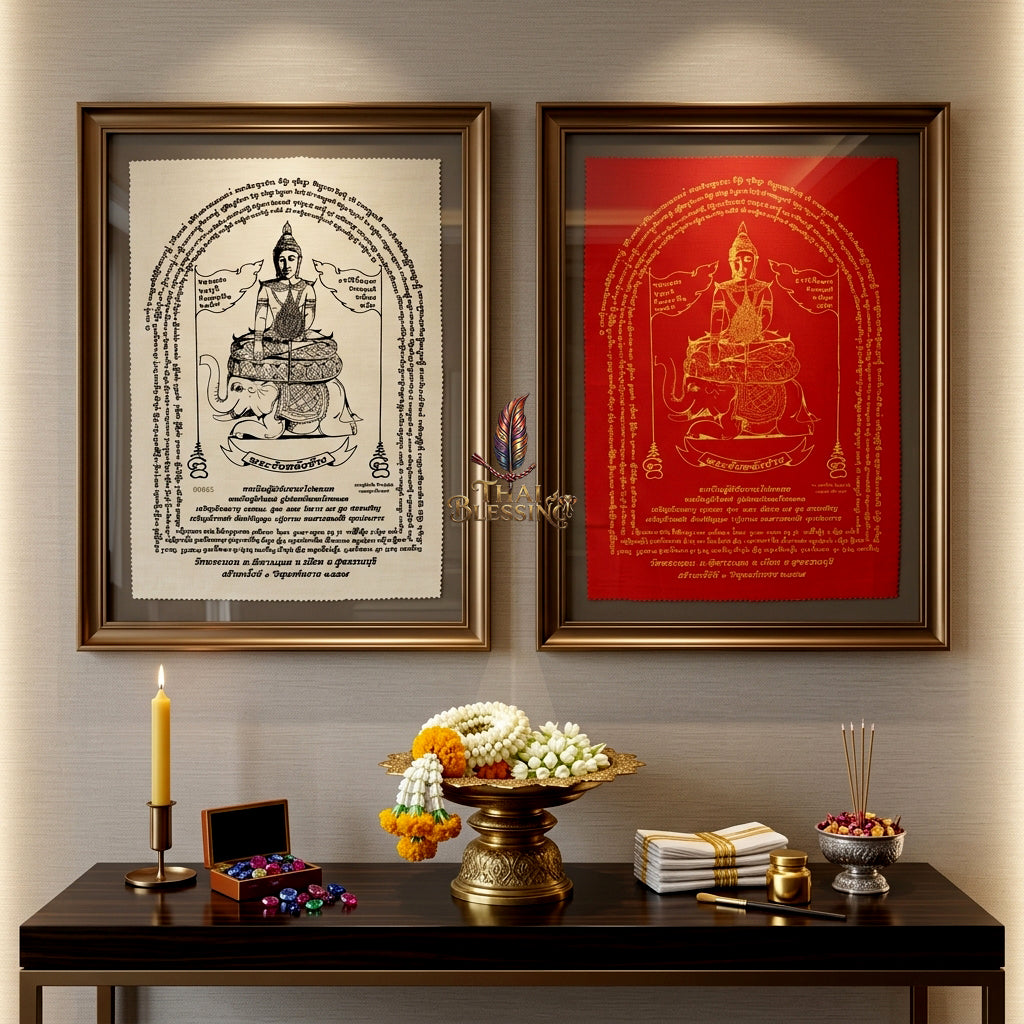 ✨🐘 Sacred Phra Chai Lang Chang Triumphant Monarch Yantra Cloth - Wat Phra Non Historic Heritage Scroll, Sovereign Fortune Catalyst, Elite Corporate Command & Protection Spiritual Wall Art