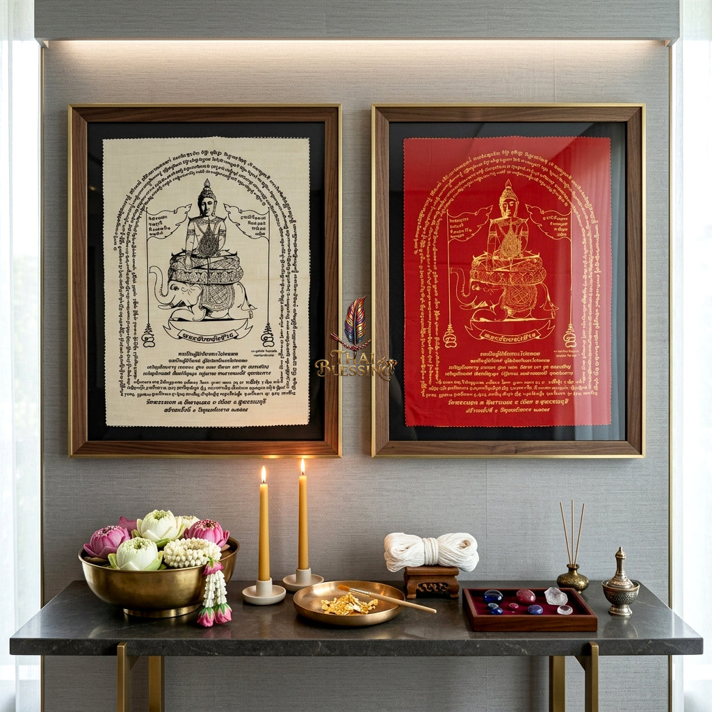 ✨🐘 Sacred Phra Chai Lang Chang Triumphant Monarch Yantra Cloth - Wat Phra Non Historic Heritage Scroll, Sovereign Fortune Catalyst, Elite Corporate Command & Protection Spiritual Wall Art