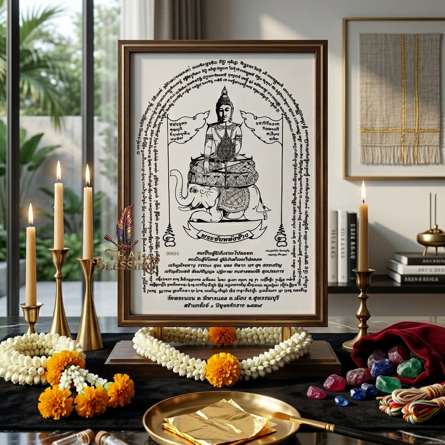 ✨🐘 Sacred Phra Chai Lang Chang Triumphant Monarch Yantra Cloth - Wat Phra Non Historic Heritage Scroll, Sovereign Fortune Catalyst, Elite Corporate Command & Protection Spiritual Wall Art