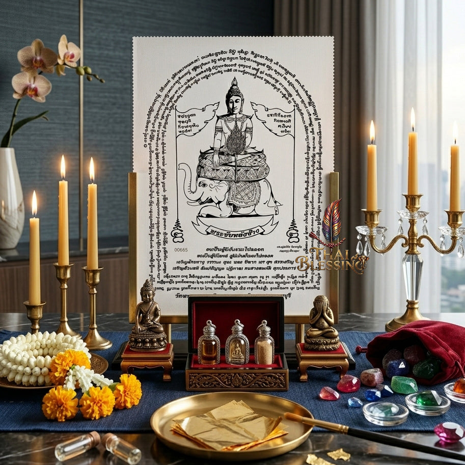 ✨🐘 Sacred Phra Chai Lang Chang Triumphant Monarch Yantra Cloth - Wat Phra Non Historic Heritage Scroll, Sovereign Fortune Catalyst, Elite Corporate Command & Protection Spiritual Wall Art