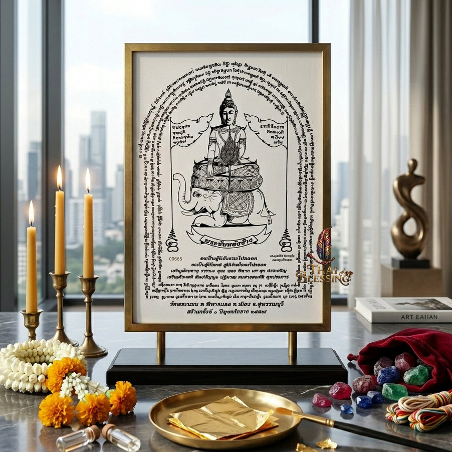 ✨🐘 Sacred Phra Chai Lang Chang Triumphant Monarch Yantra Cloth - Wat Phra Non Historic Heritage Scroll, Sovereign Fortune Catalyst, Elite Corporate Command & Protection Spiritual Wall Art