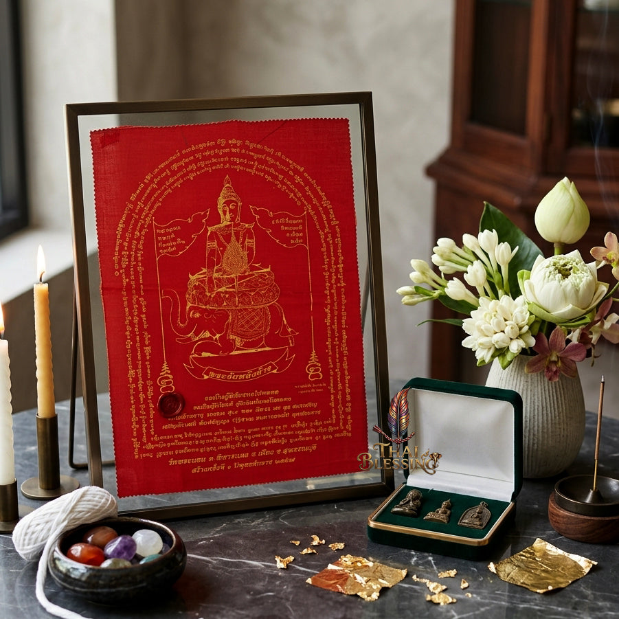 ✨🐘 Sacred Phra Chai Lang Chang Triumphant Monarch Yantra Cloth - Wat Phra Non Historic Heritage Scroll, Sovereign Fortune Catalyst, Elite Corporate Command & Protection Spiritual Wall Art