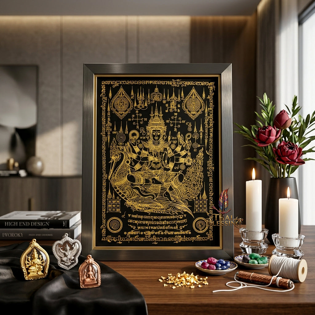 ✨👑 Sacred Phra Phrom Swan Throne Wealth Yantra Cloth - Phor Than Phong Wat Chaeng 2022 "Setthee" Legacy Scroll, Ultimate Multi-Channel Abundance Matrix, Premium Corporate Authority Spiritual Wall Art