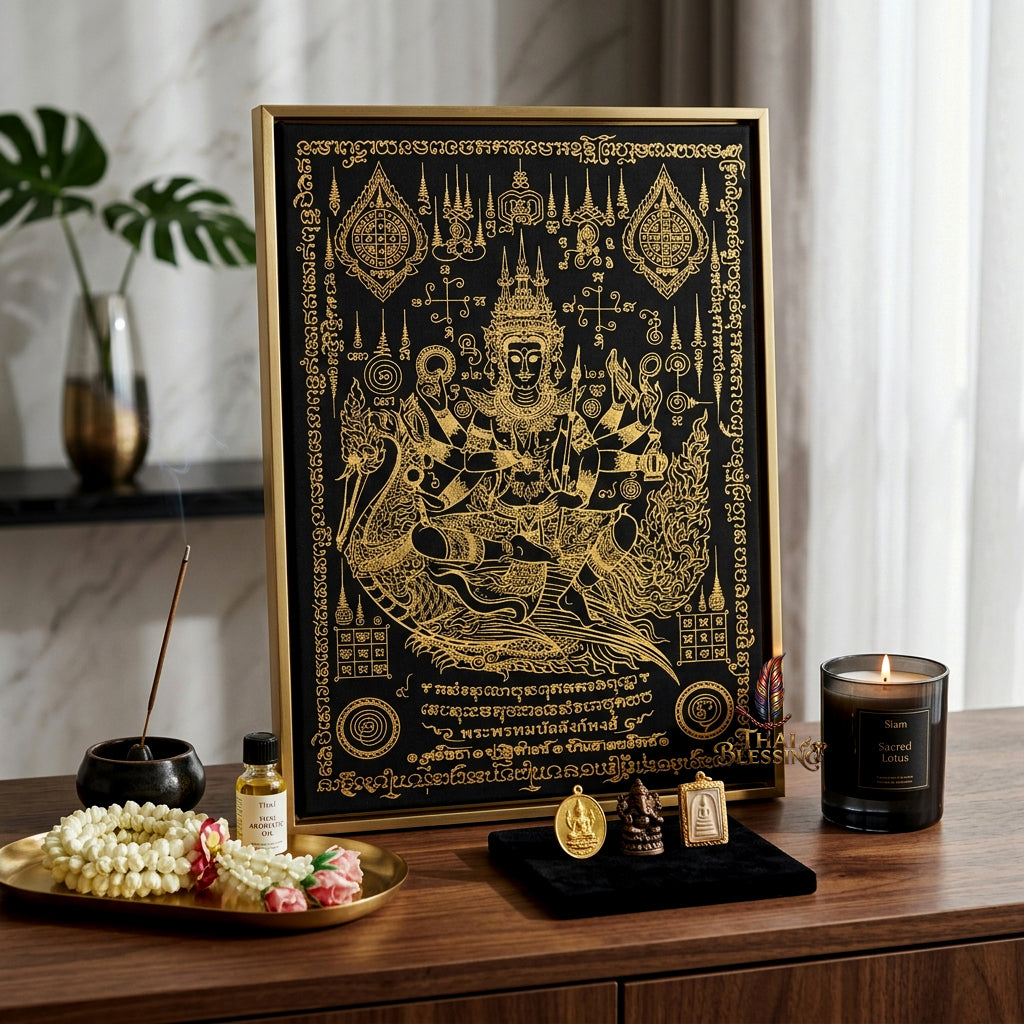 ✨👑 Sacred Phra Phrom Swan Throne Wealth Yantra Cloth - Phor Than Phong Wat Chaeng 2022 "Setthee" Legacy Scroll, Ultimate Multi-Channel Abundance Matrix, Premium Corporate Authority Spiritual Wall Art