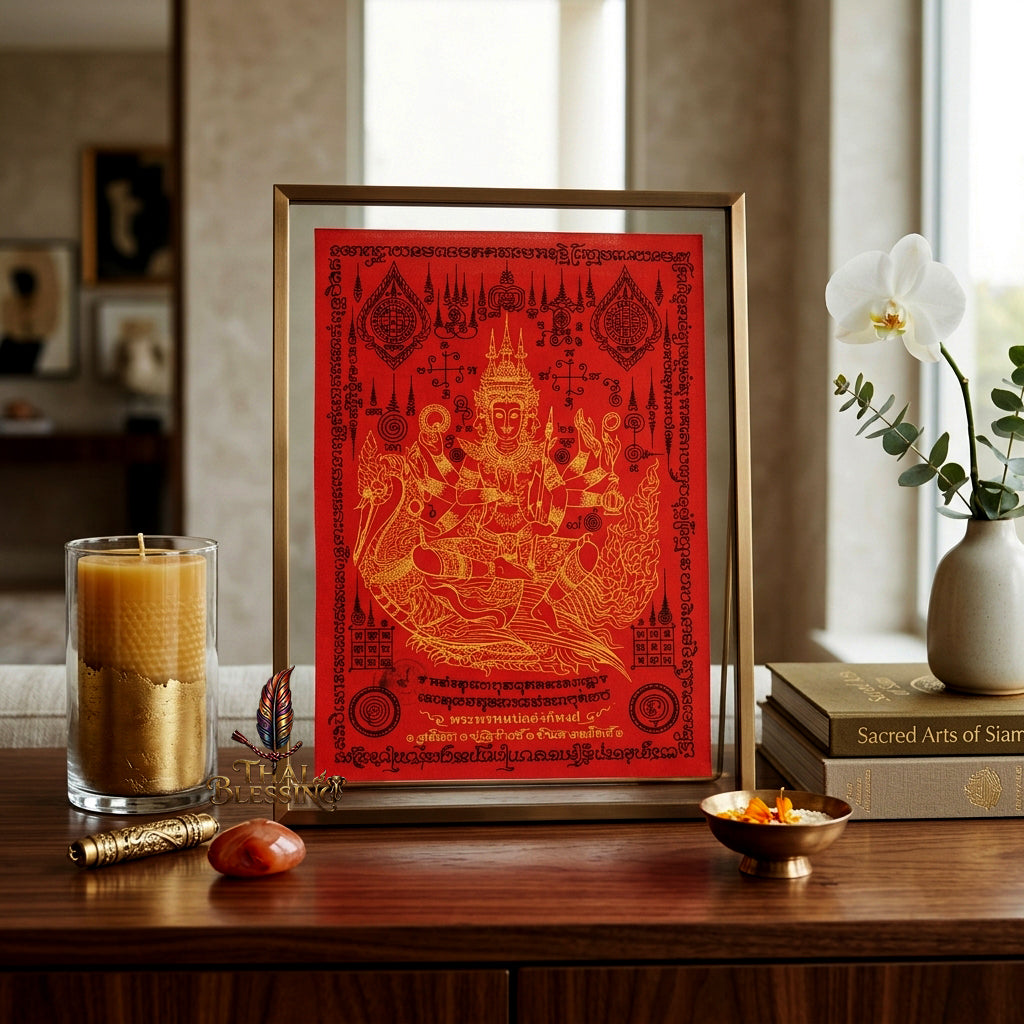 ✨👑 Sacred Phra Phrom Swan Throne Wealth Yantra Cloth - Phor Than Phong Wat Chaeng 2022 "Setthee" Legacy Scroll, Ultimate Multi-Channel Abundance Matrix, Premium Corporate Authority Spiritual Wall Art
