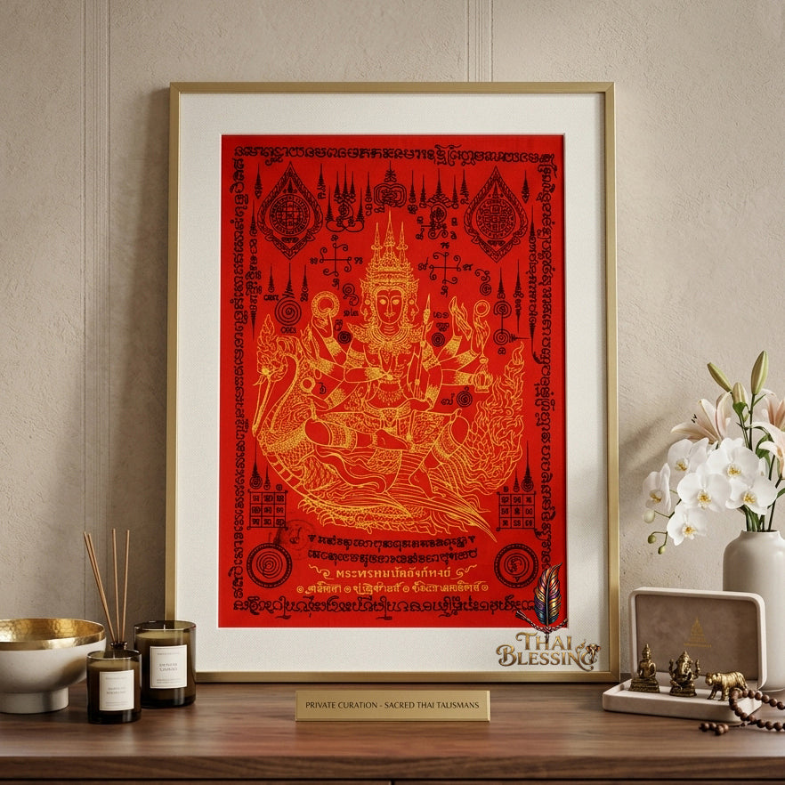 ✨👑 Sacred Phra Phrom Swan Throne Wealth Yantra Cloth - Phor Than Phong Wat Chaeng 2022 "Setthee" Legacy Scroll, Ultimate Multi-Channel Abundance Matrix, Premium Corporate Authority Spiritual Wall Art