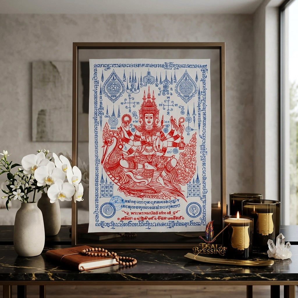 ✨👑 Sacred Phra Phrom Swan Throne Wealth Yantra Cloth - Phor Than Phong Wat Chaeng 2022 "Setthee" Legacy Scroll, Ultimate Multi-Channel Abundance Matrix, Premium Corporate Authority Spiritual Wall Art