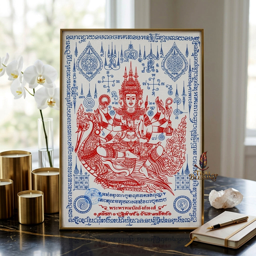 ✨👑 Sacred Phra Phrom Swan Throne Wealth Yantra Cloth - Phor Than Phong Wat Chaeng 2022 "Setthee" Legacy Scroll, Ultimate Multi-Channel Abundance Matrix, Premium Corporate Authority Spiritual Wall Art
