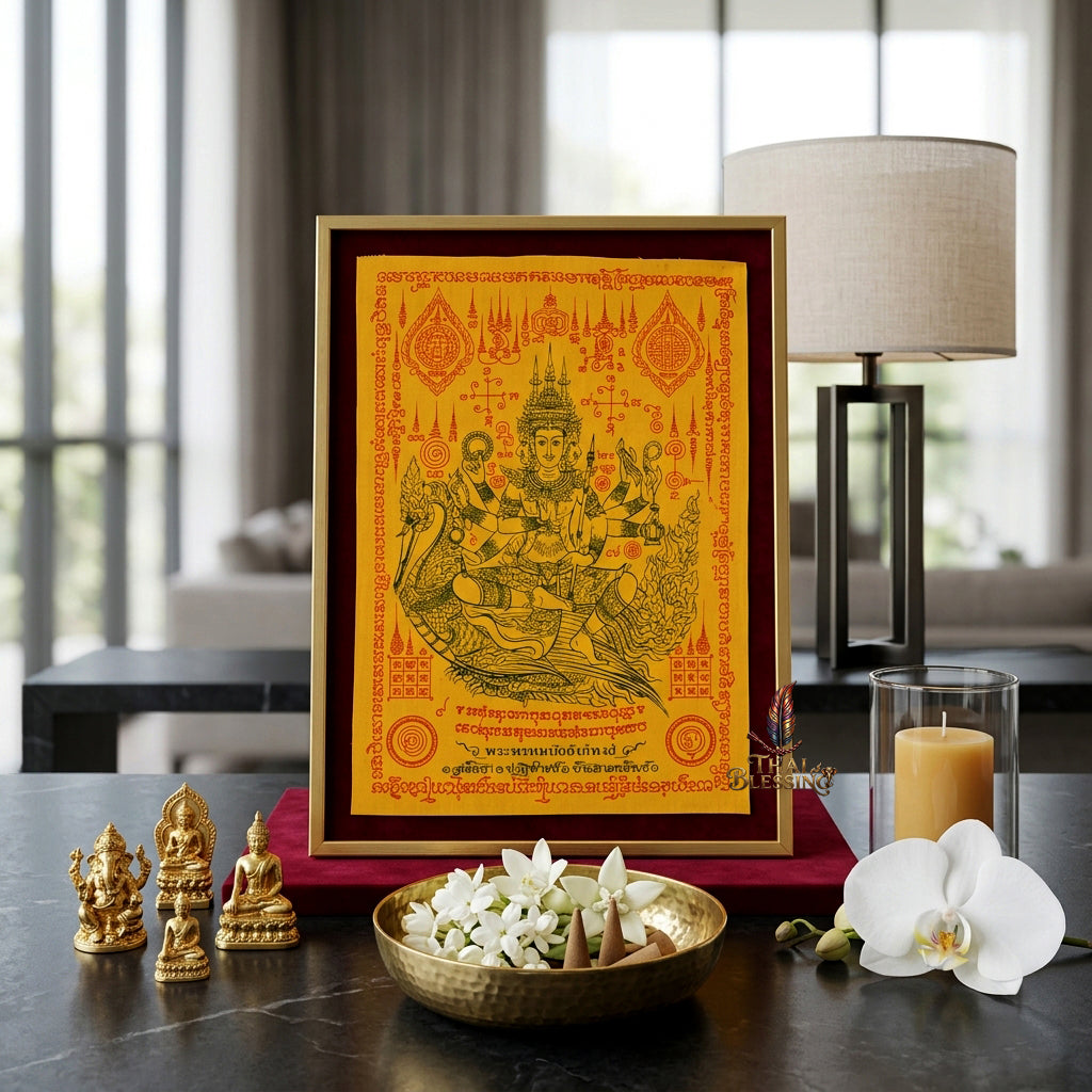 ✨👑 Sacred Phra Phrom Swan Throne Wealth Yantra Cloth - Phor Than Phong Wat Chaeng 2022 "Setthee" Legacy Scroll, Ultimate Multi-Channel Abundance Matrix, Premium Corporate Authority Spiritual Wall Art