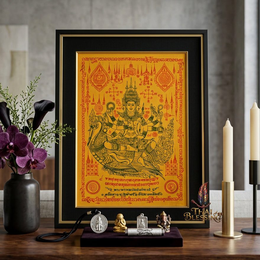 ✨👑 Sacred Phra Phrom Swan Throne Wealth Yantra Cloth - Phor Than Phong Wat Chaeng 2022 "Setthee" Legacy Scroll, Ultimate Multi-Channel Abundance Matrix, Premium Corporate Authority Spiritual Wall Art