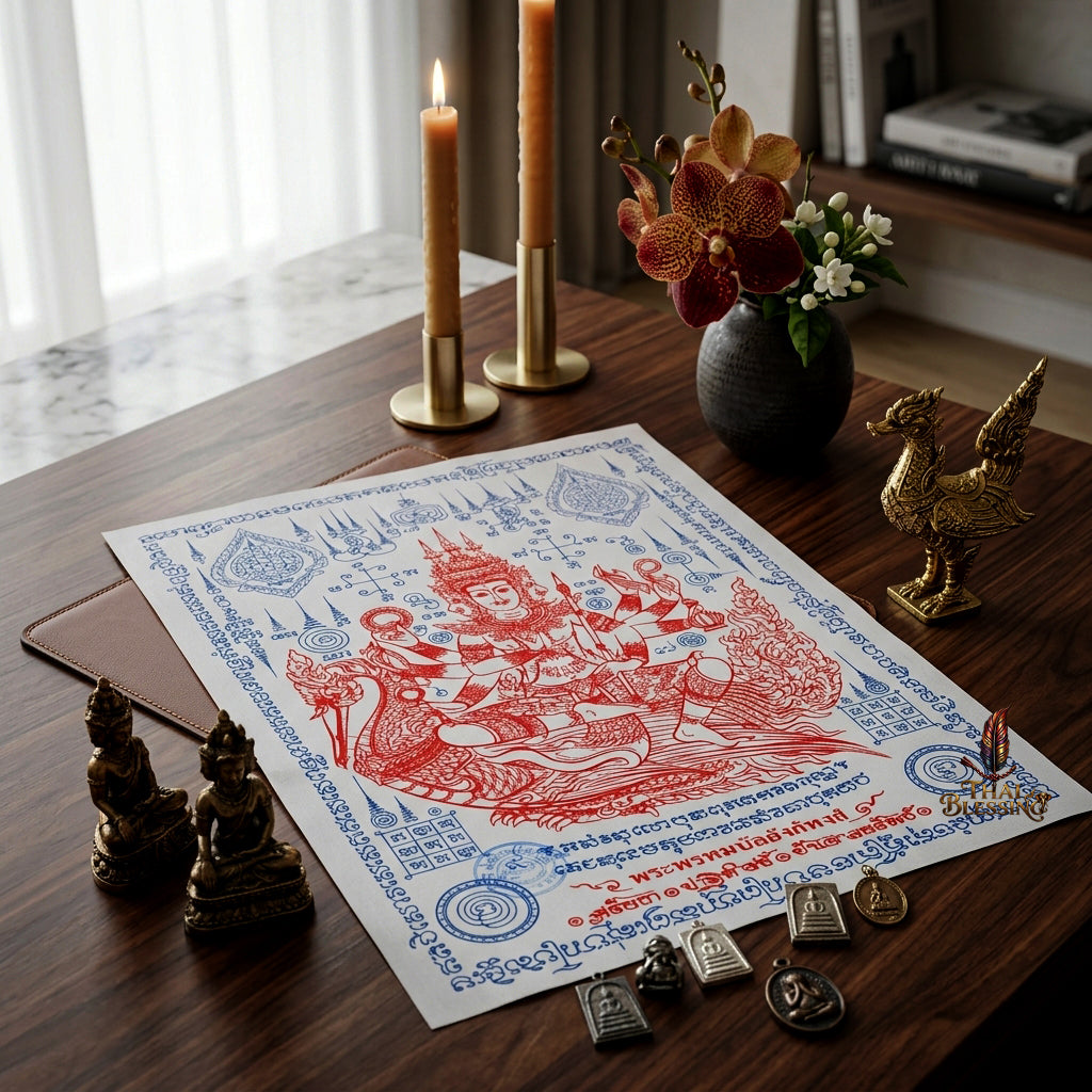 ✨👑 Sacred Phra Phrom Swan Throne Wealth Yantra Cloth - Phor Than Phong Wat Chaeng 2022 "Setthee" Legacy Scroll, Ultimate Multi-Channel Abundance Matrix, Premium Corporate Authority Spiritual Wall Art