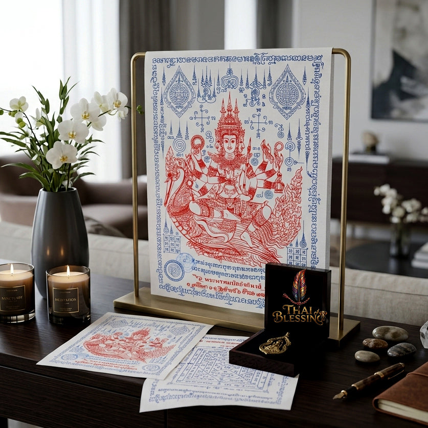 ✨👑 Sacred Phra Phrom Swan Throne Wealth Yantra Cloth - Phor Than Phong Wat Chaeng 2022 "Setthee" Legacy Scroll, Ultimate Multi-Channel Abundance Matrix, Premium Corporate Authority Spiritual Wall Art