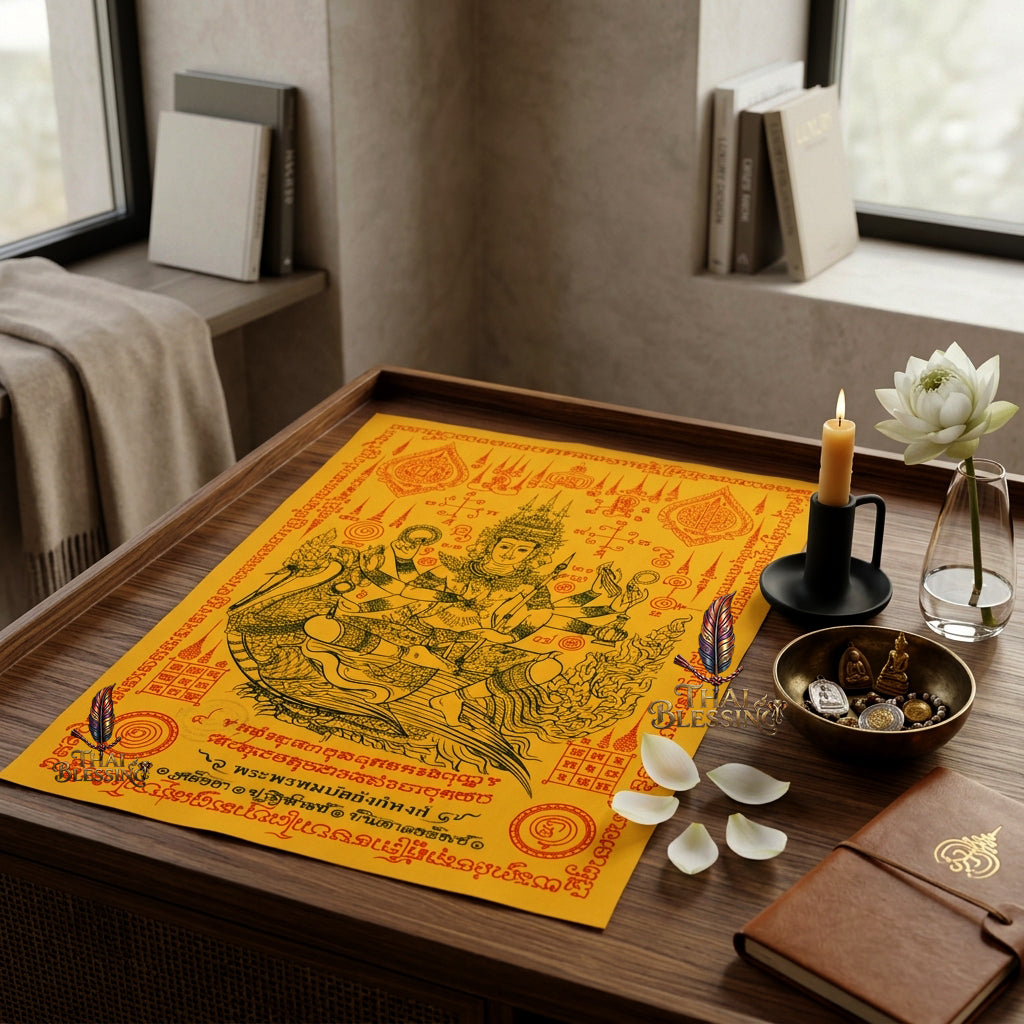 ✨👑 Sacred Phra Phrom Swan Throne Wealth Yantra Cloth - Phor Than Phong Wat Chaeng 2022 "Setthee" Legacy Scroll, Ultimate Multi-Channel Abundance Matrix, Premium Corporate Authority Spiritual Wall Art