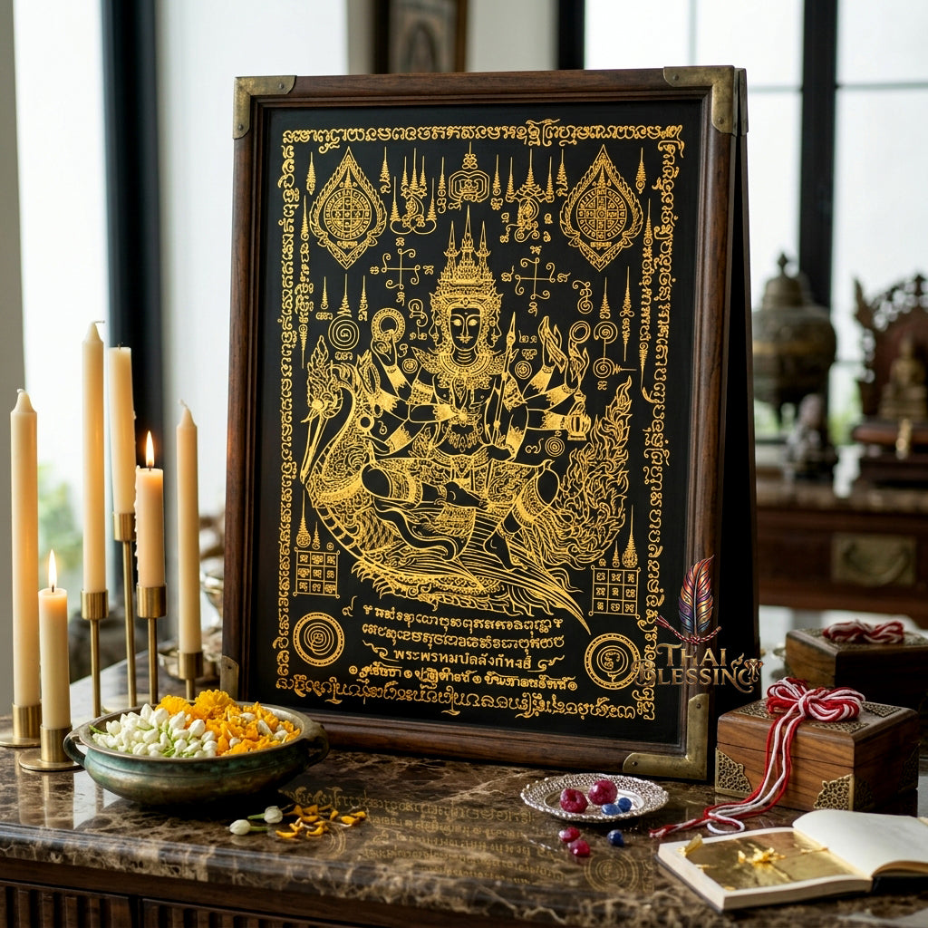 ✨👑 Sacred Phra Phrom Swan Throne Wealth Yantra Cloth - Phor Than Phong Wat Chaeng 2022 "Setthee" Legacy Scroll, Ultimate Multi-Channel Abundance Matrix, Premium Corporate Authority Spiritual Wall Art