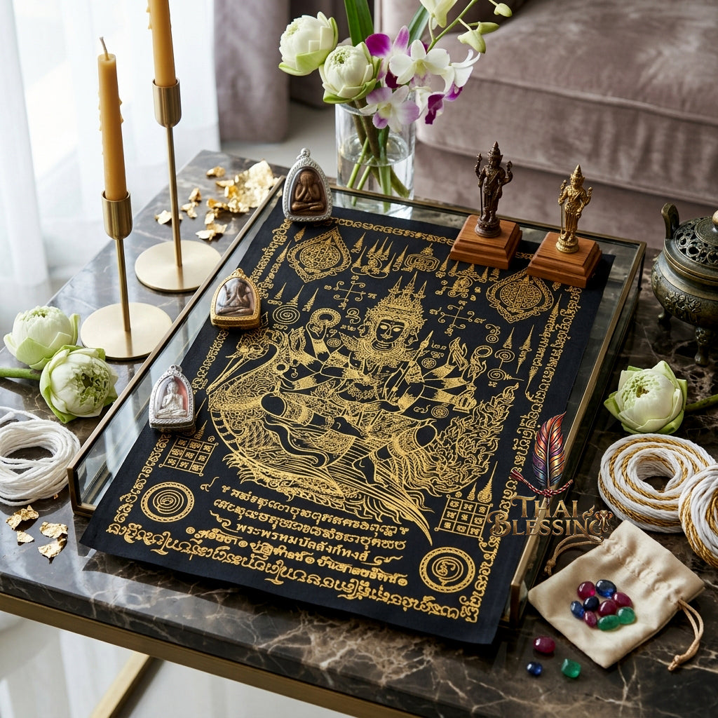 ✨👑 Sacred Phra Phrom Swan Throne Wealth Yantra Cloth - Phor Than Phong Wat Chaeng 2022 "Setthee" Legacy Scroll, Ultimate Multi-Channel Abundance Matrix, Premium Corporate Authority Spiritual Wall Art