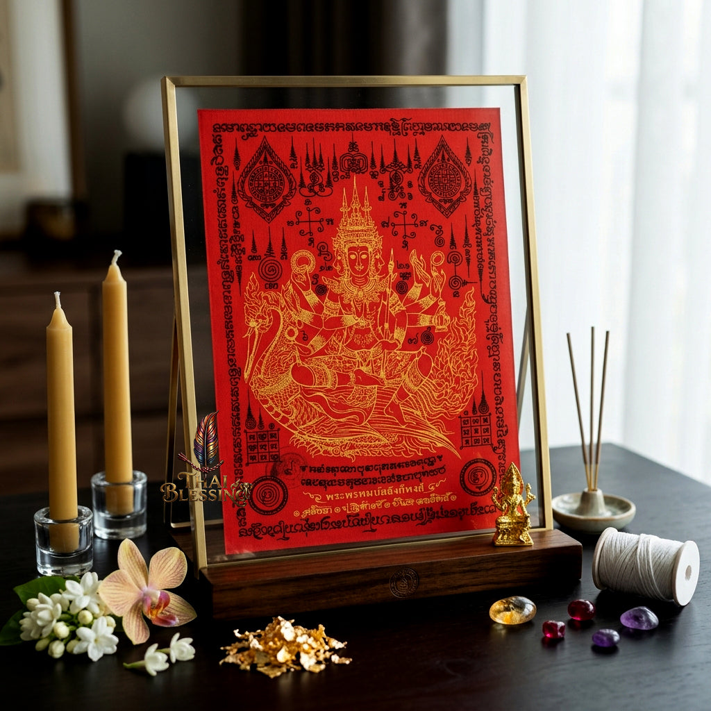 ✨👑 Sacred Phra Phrom Swan Throne Wealth Yantra Cloth - Phor Than Phong Wat Chaeng 2022 "Setthee" Legacy Scroll, Ultimate Multi-Channel Abundance Matrix, Premium Corporate Authority Spiritual Wall Art