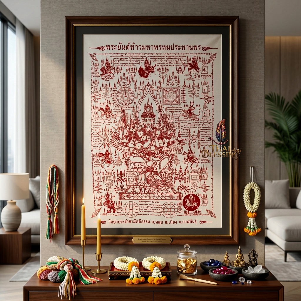 ✨👑 Sacred Grand Phra Phrom Blessing Yantra Cloth - Phra Arjan Waen Wat Pa Pracha Samakkhi Dham 2014 Masterpiece Scroll, Ultimate Quad-Directional Wealth Matrix, Premium Executive Boardroom Spiritual Wall Art