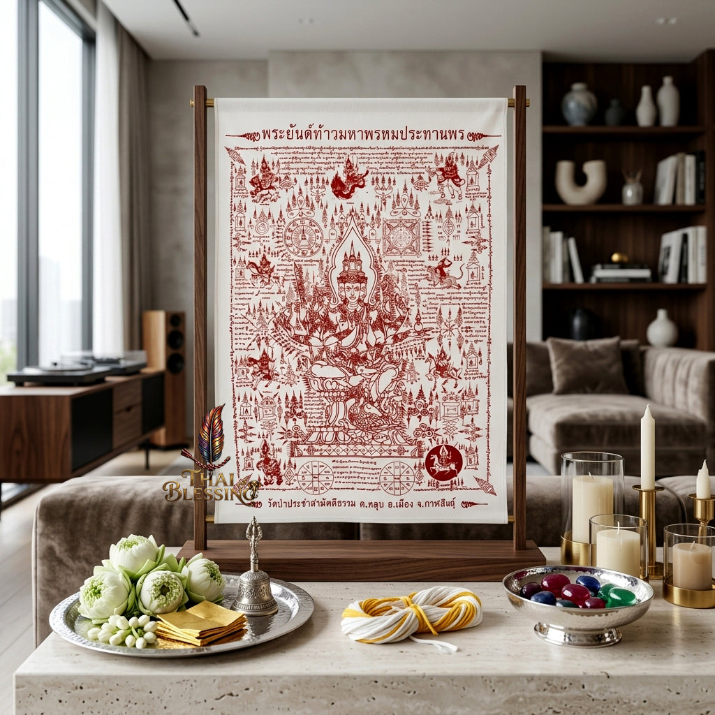 ✨👑 Sacred Grand Phra Phrom Blessing Yantra Cloth - Phra Arjan Waen Wat Pa Pracha Samakkhi Dham 2014 Masterpiece Scroll, Ultimate Quad-Directional Wealth Matrix, Premium Executive Boardroom Spiritual Wall Art
