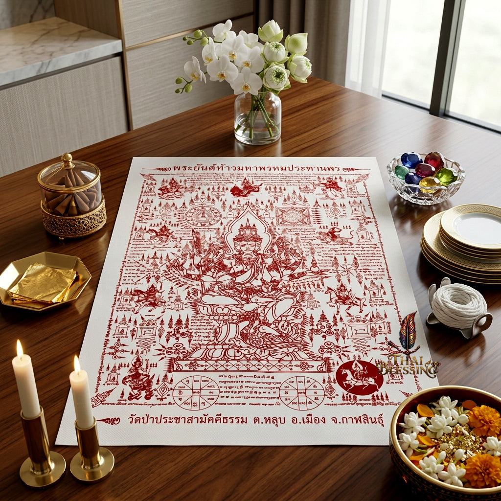 ✨👑 Sacred Grand Phra Phrom Blessing Yantra Cloth - Phra Arjan Waen Wat Pa Pracha Samakkhi Dham 2014 Masterpiece Scroll, Ultimate Quad-Directional Wealth Matrix, Premium Executive Boardroom Spiritual Wall Art