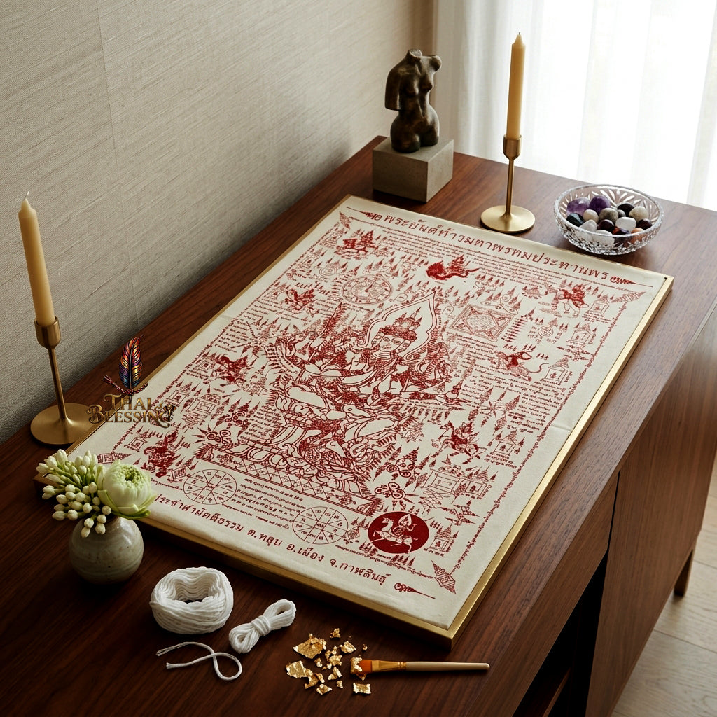 ✨👑 Sacred Grand Phra Phrom Blessing Yantra Cloth - Phra Arjan Waen Wat Pa Pracha Samakkhi Dham 2014 Masterpiece Scroll, Ultimate Quad-Directional Wealth Matrix, Premium Executive Boardroom Spiritual Wall Art