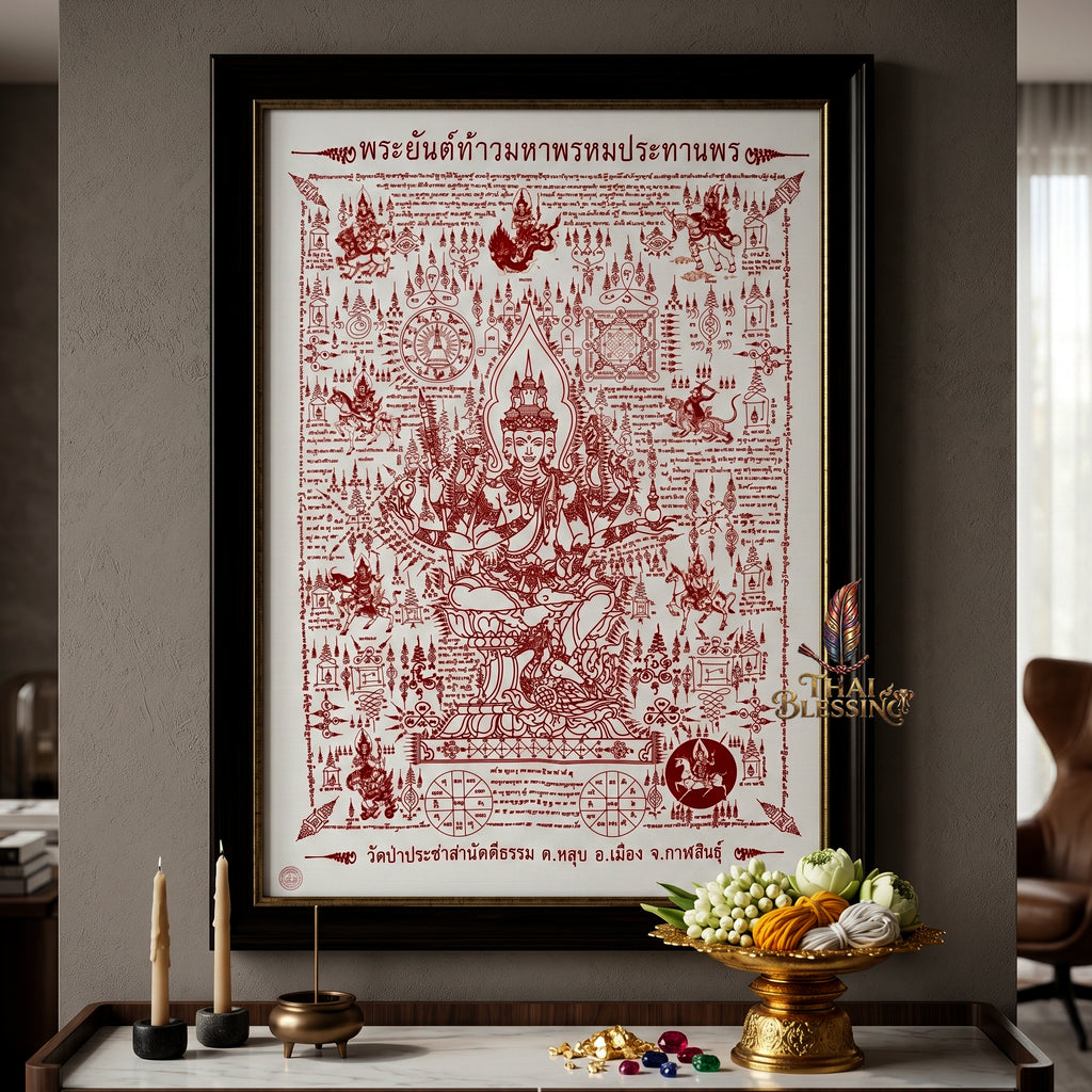✨👑 Sacred Grand Phra Phrom Blessing Yantra Cloth - Phra Arjan Waen Wat Pa Pracha Samakkhi Dham 2014 Masterpiece Scroll, Ultimate Quad-Directional Wealth Matrix, Premium Executive Boardroom Spiritual Wall Art
