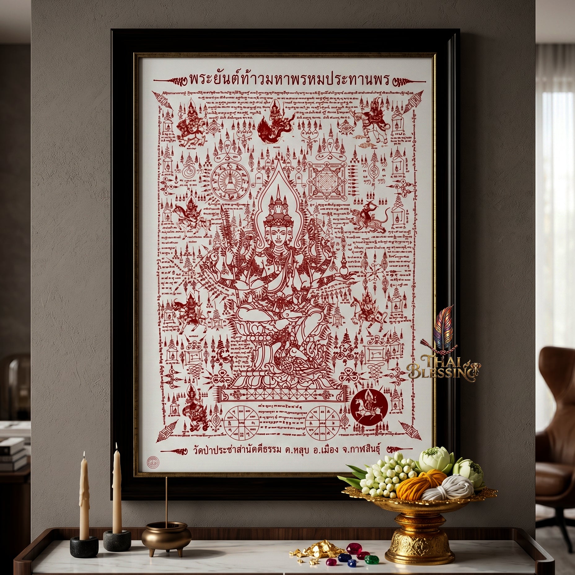 ✨👑 Sacred Grand Phra Phrom Blessing Yantra Cloth - Phra Arjan Waen Wat Pa Pracha Samakkhi Dham 2014 Masterpiece Scroll, Ultimate Quad-Directional Wealth Matrix, Premium Executive Boardroom Spiritual Wall Art
