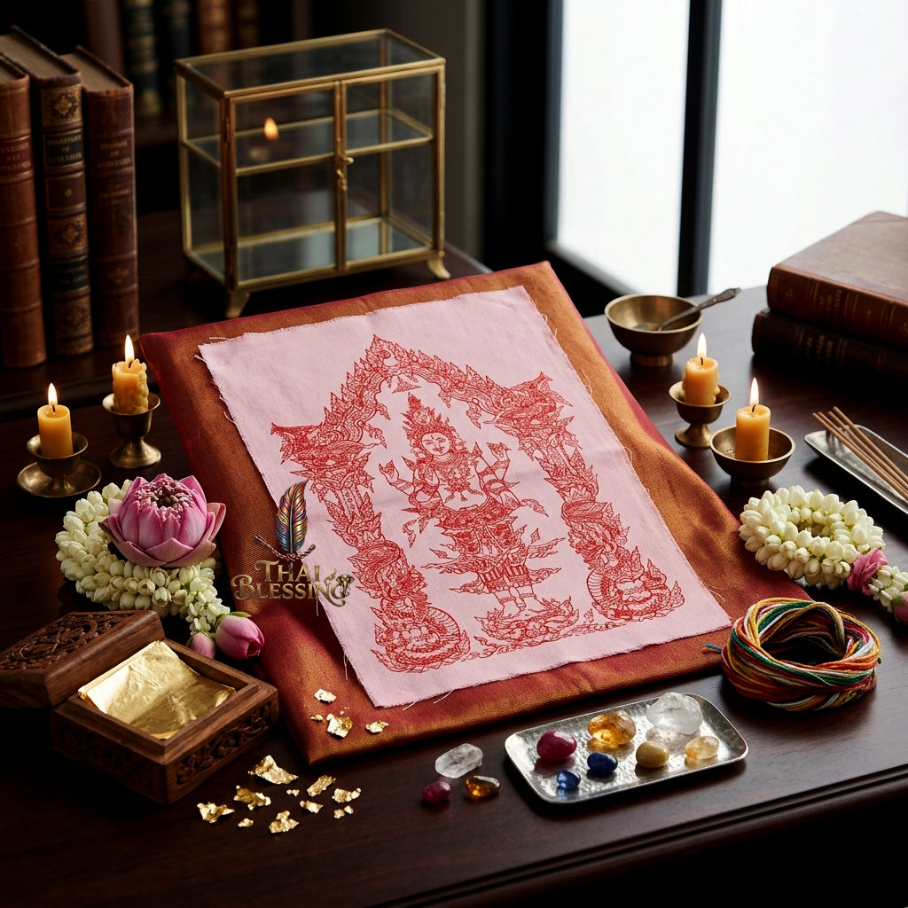 ✨💖 Sacred Phra Trimurti Cosmic Trinity Yantra Cloth - Phra Arjan Lek Wat Tham Khao Noi Masterpiece Scroll, Ultimate Magnetic Attraction & Relationship Frequency, Premium Wealth Activation Spiritual Wall Art