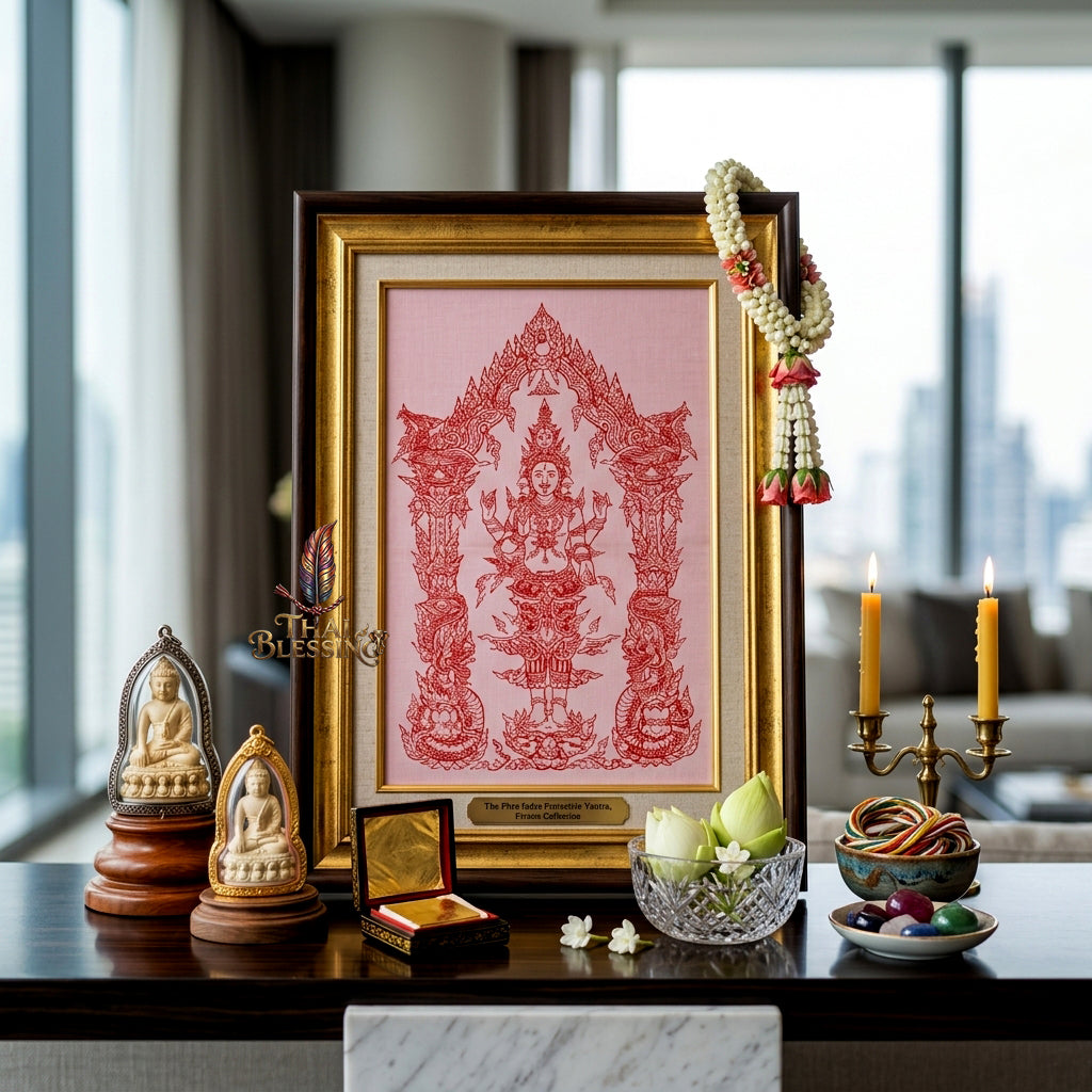 ✨💖 Sacred Phra Trimurti Cosmic Trinity Yantra Cloth - Phra Arjan Lek Wat Tham Khao Noi Masterpiece Scroll, Ultimate Magnetic Attraction & Relationship Frequency, Premium Wealth Activation Spiritual Wall Art