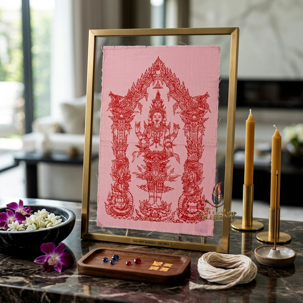 ✨💖 Sacred Phra Trimurti Cosmic Trinity Yantra Cloth - Phra Arjan Lek Wat Tham Khao Noi Masterpiece Scroll, Ultimate Magnetic Attraction & Relationship Frequency, Premium Wealth Activation Spiritual Wall Art