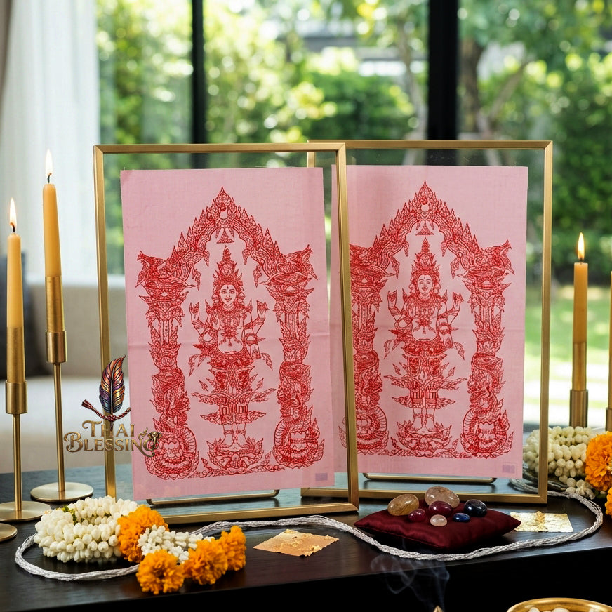 ✨💖 Sacred Phra Trimurti Cosmic Trinity Yantra Cloth - Phra Arjan Lek Wat Tham Khao Noi Masterpiece Scroll, Ultimate Magnetic Attraction & Relationship Frequency, Premium Wealth Activation Spiritual Wall Art
